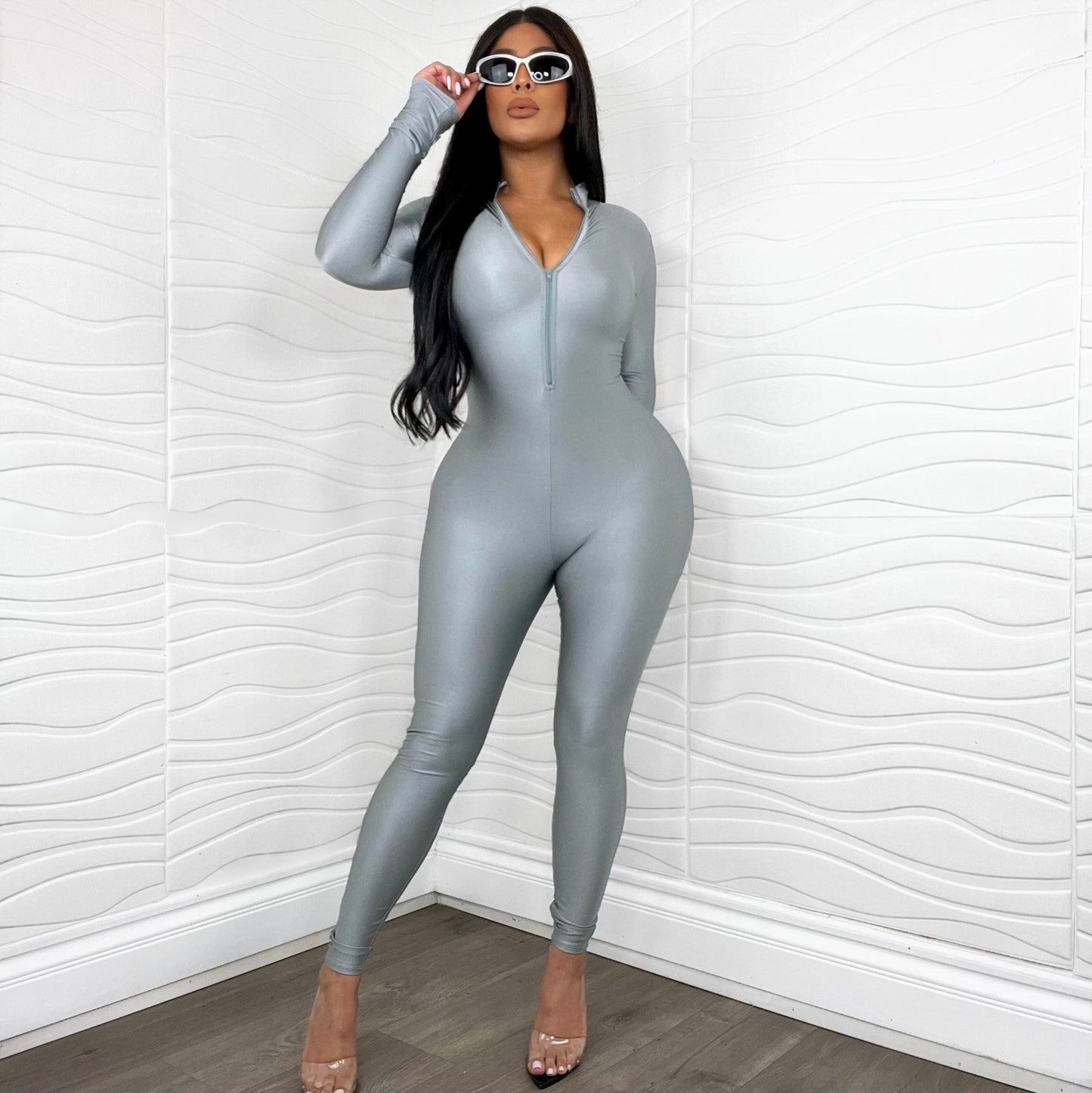 Silver Annette Zip Catsuit